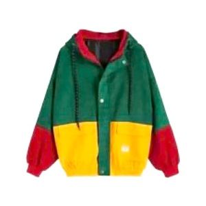 Zaful colourful corduroy jacket hooded colour block green yellow red medium/6